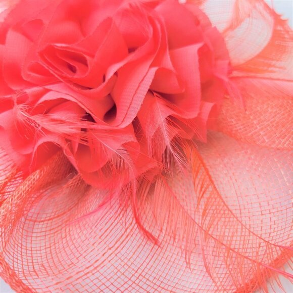 Coral Pink Fascinator Floral Rosette and Coral Feathers - Picture 6 of 10
